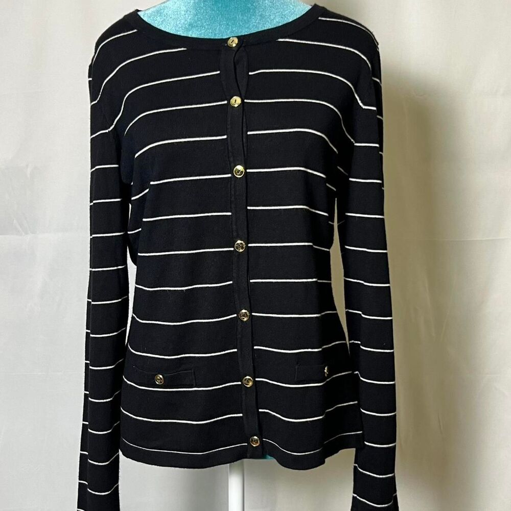 Vintage Classic Black & White Striped Preppy Cardigan Karen Scott Small office‎
